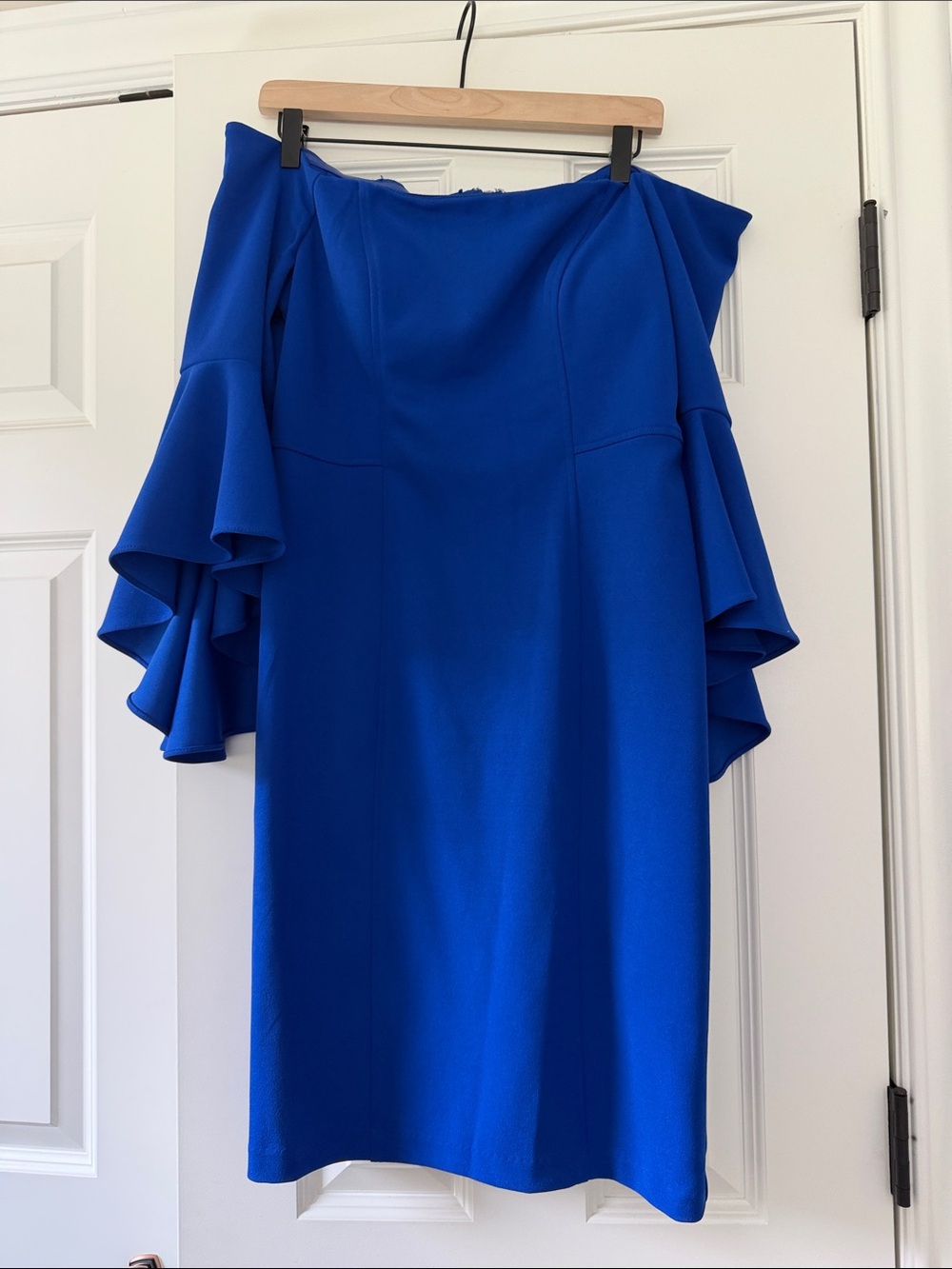 R&M Richards Electric Blue Off-Shoulder Midi with Layered Ruffle Sleeves